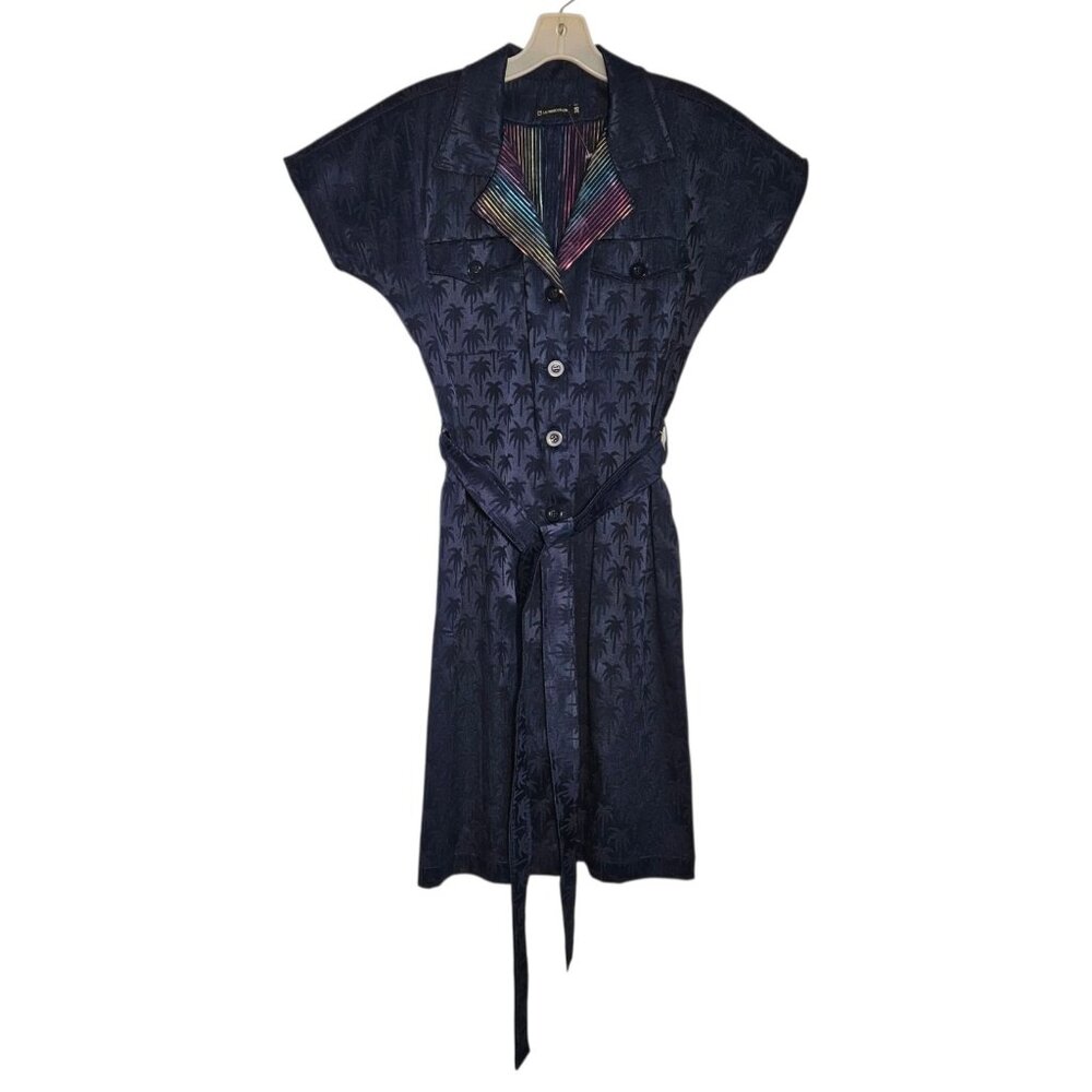 Lu Moccellin Womens Blue Palm Tree Print Belted Button Down Midi Dress 8 US 38eu